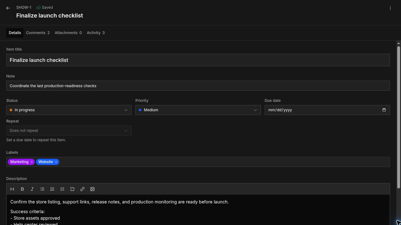 LFG List item details on a landscape tablet